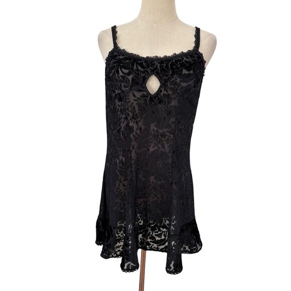 Vtg 90s Intimates By Flora Black Burnout Velvet Babydoll Nightie Lace Keyhole M - Picture 1 of 6